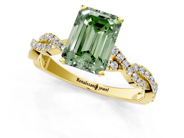 Yellow gold Fancy Green Emerald Cut Solitaire Twisted Pave Band with Four-Prong Setting