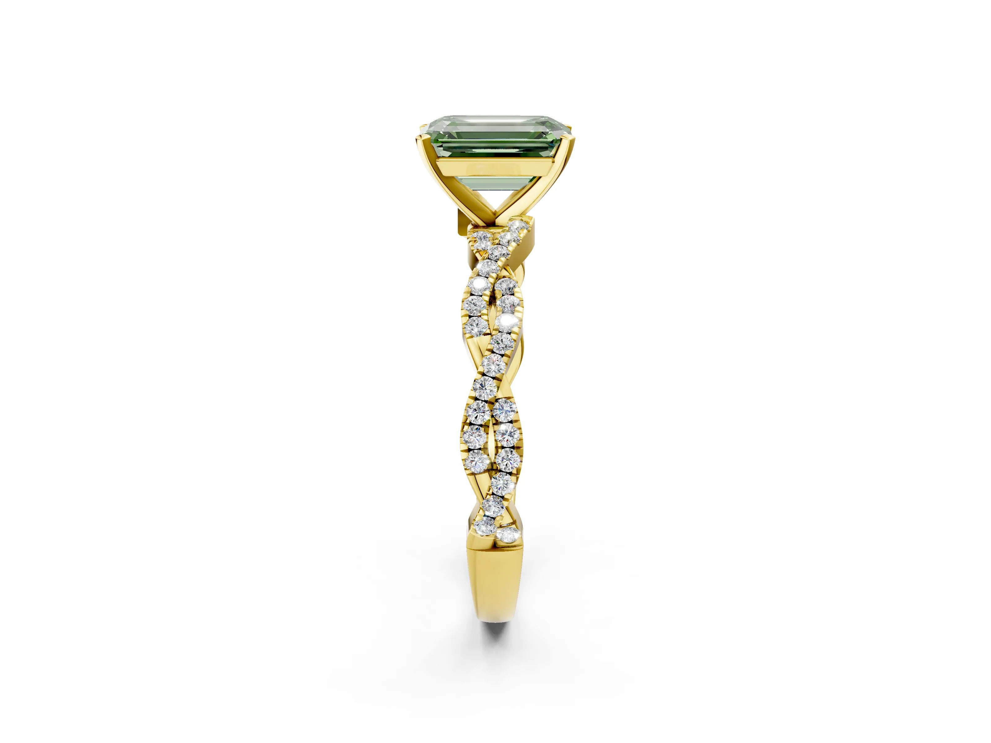Yellow gold Fancy Green Emerald Cut Solitaire Twisted Pave Band with Four-Prong Setting_5