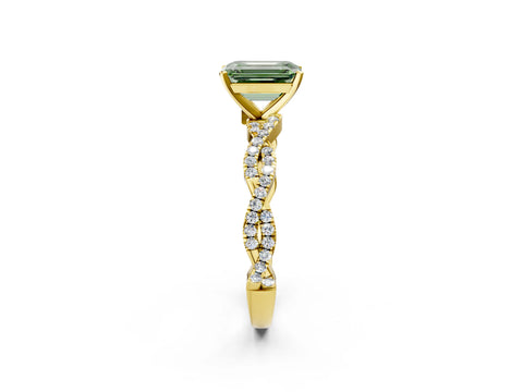 Yellow gold Fancy Green Emerald Cut Solitaire Twisted Pave Band with Four-Prong Setting_5