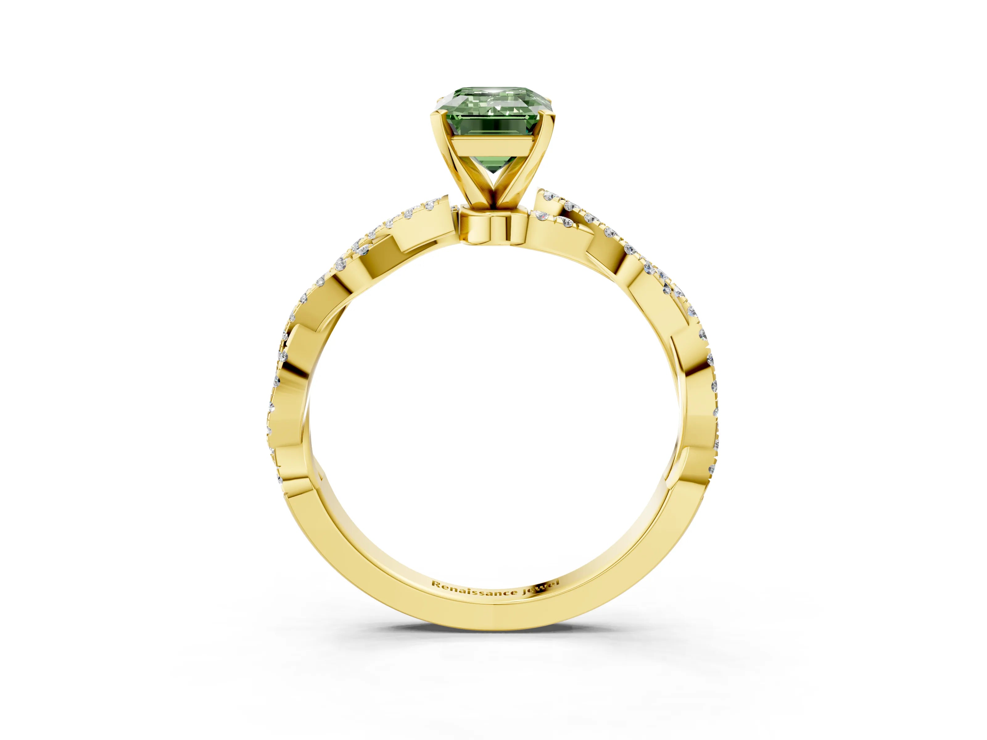 Yellow gold Fancy Green Emerald Cut Solitaire Twisted Pave Band with Four-Prong Setting_6