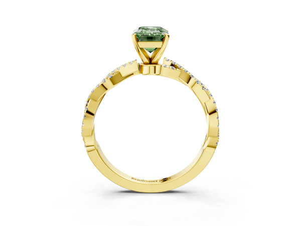 Yellow gold Fancy Green Emerald Cut Solitaire Twisted Pave Band with Four-Prong Setting