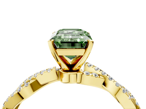 Yellow gold Fancy Green Emerald Cut Solitaire Twisted Pave Band with Four-Prong Setting_7