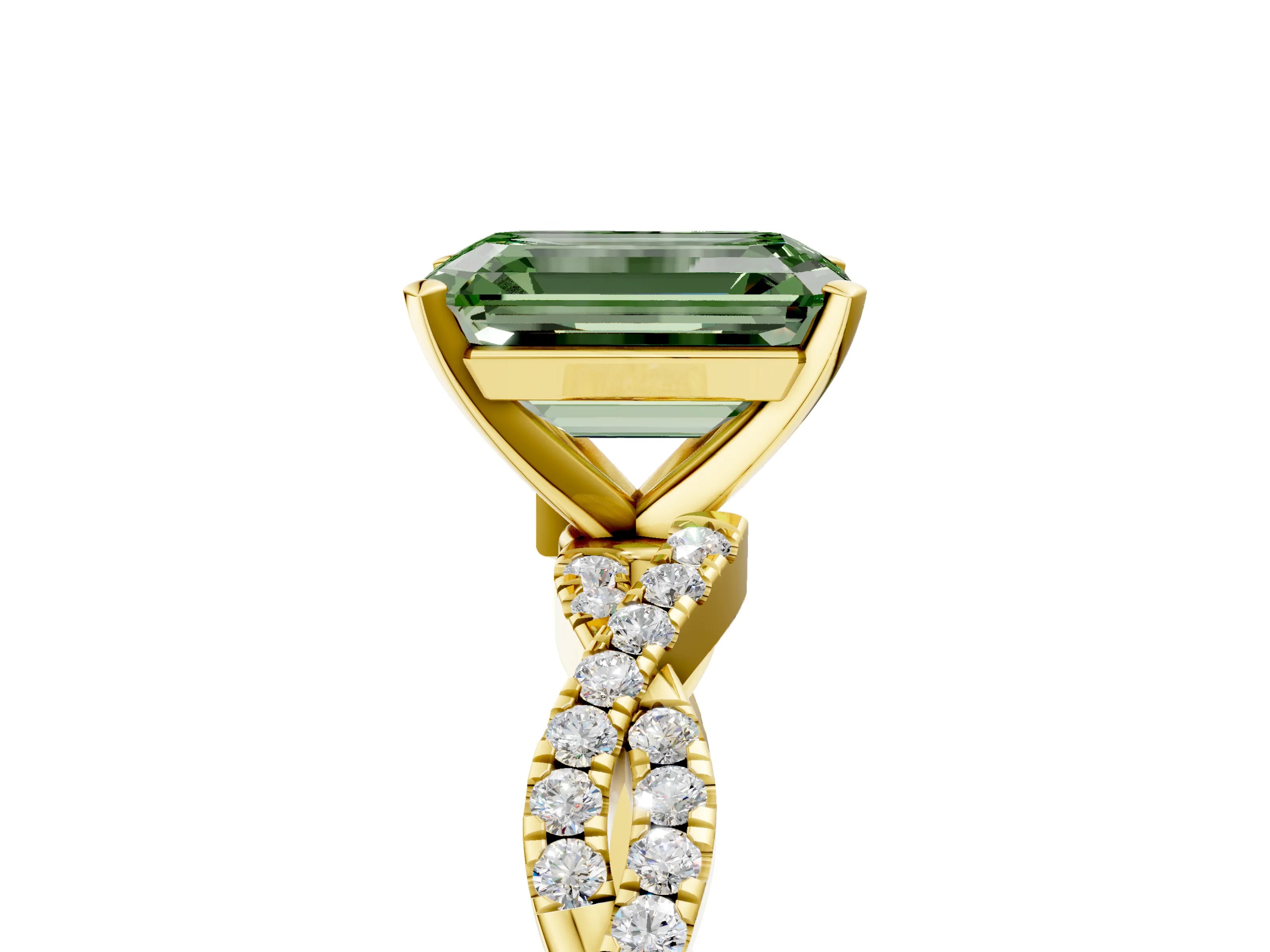 Yellow gold Fancy Green Emerald Cut Solitaire Twisted Pave Band with Four-Prong Setting_8
