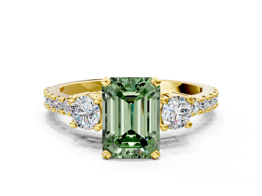 Yellow gold Fancy Green Emerald  Cut Three-Stone Diamond Pavé Band with Prong Setting_17