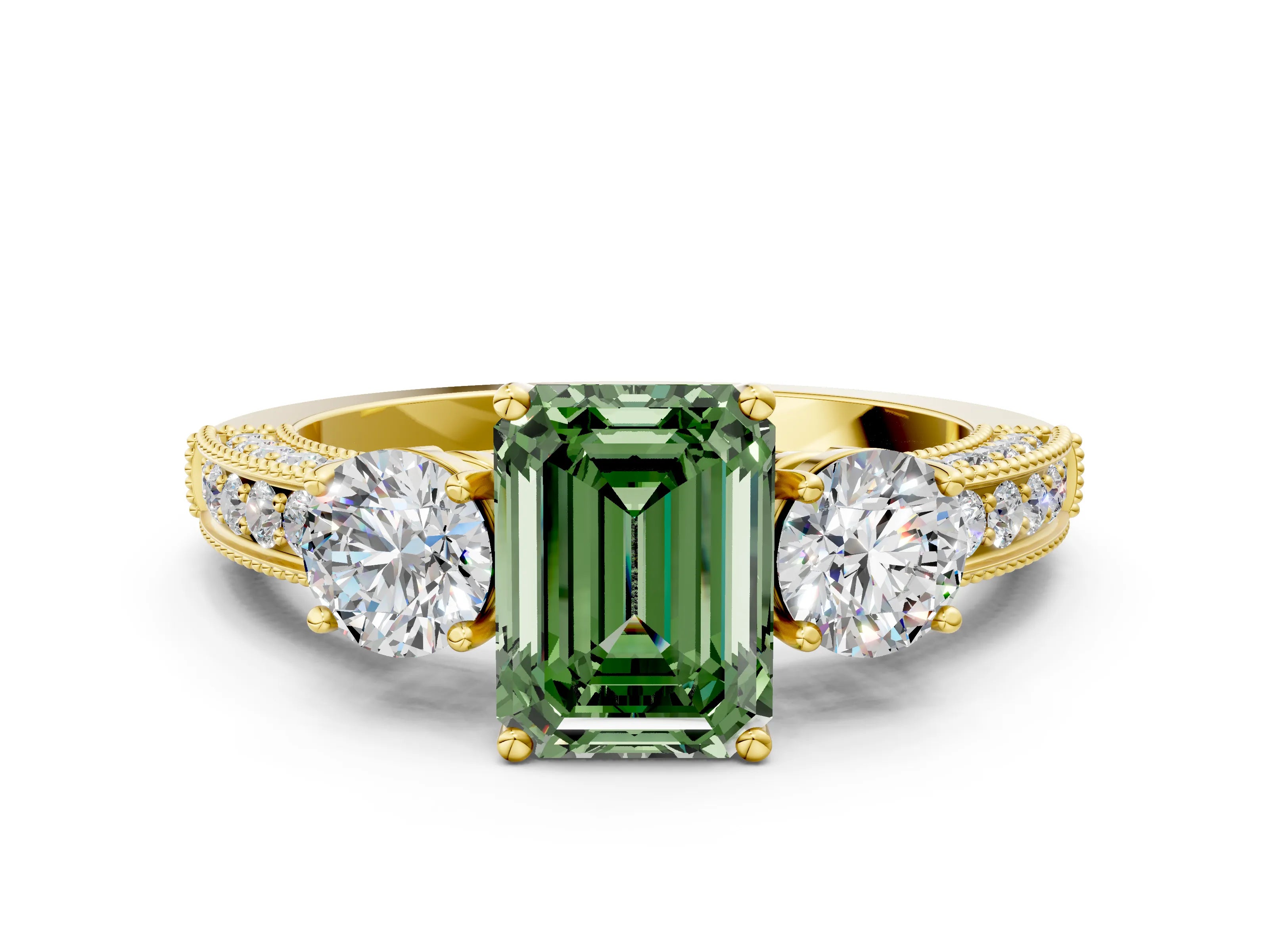 Yellow gold Fancy Green Emerald Cut Three-Stone Diamond Ring with Pavé Band and Four-Prong Setting