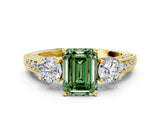 Yellow gold Fancy Green Emerald Cut Three-Stone Diamond Ring with Pavé Band and Four-Prong Setting