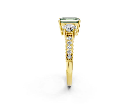 Yellow gold Fancy Green Emerald Cut Three-Stone Diamond Ring with Pavé Band and Four-Prong Setting_2