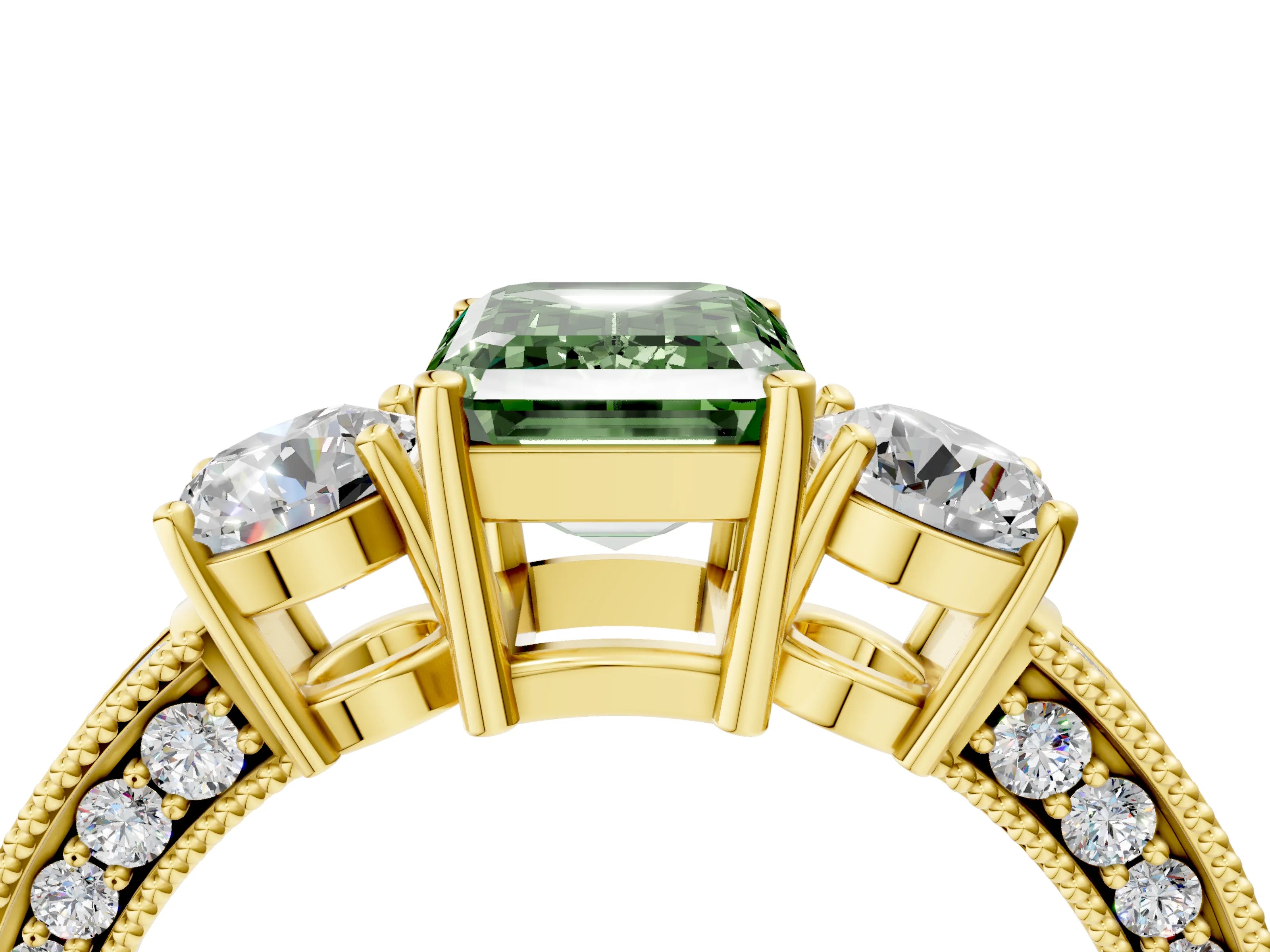 Yellow gold Fancy Green Emerald Cut Three-Stone Diamond Ring with Pavé Band and Four-Prong Setting_4