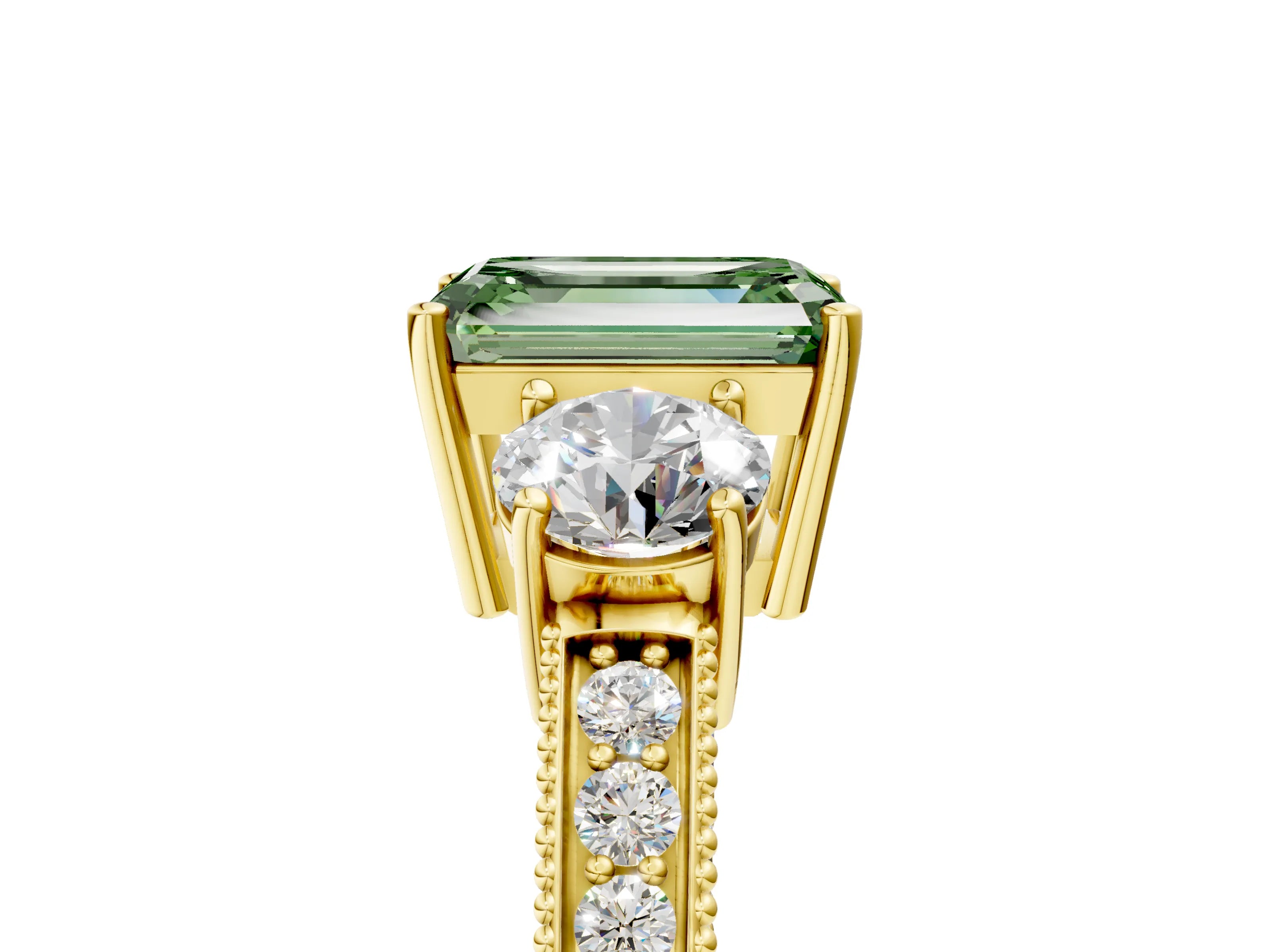 Yellow gold Fancy Green Emerald Cut Three-Stone Diamond Ring with Pavé Band and Four-Prong Setting_5