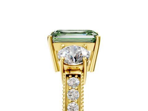 Yellow gold Fancy Green Emerald Cut Three-Stone Diamond Ring with Pavé Band and Four-Prong Setting_5