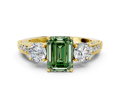 Yellow gold Fancy Green Emerald Cut Three-Stone Diamond Ring with Pavé Band and Four-Prong Setting