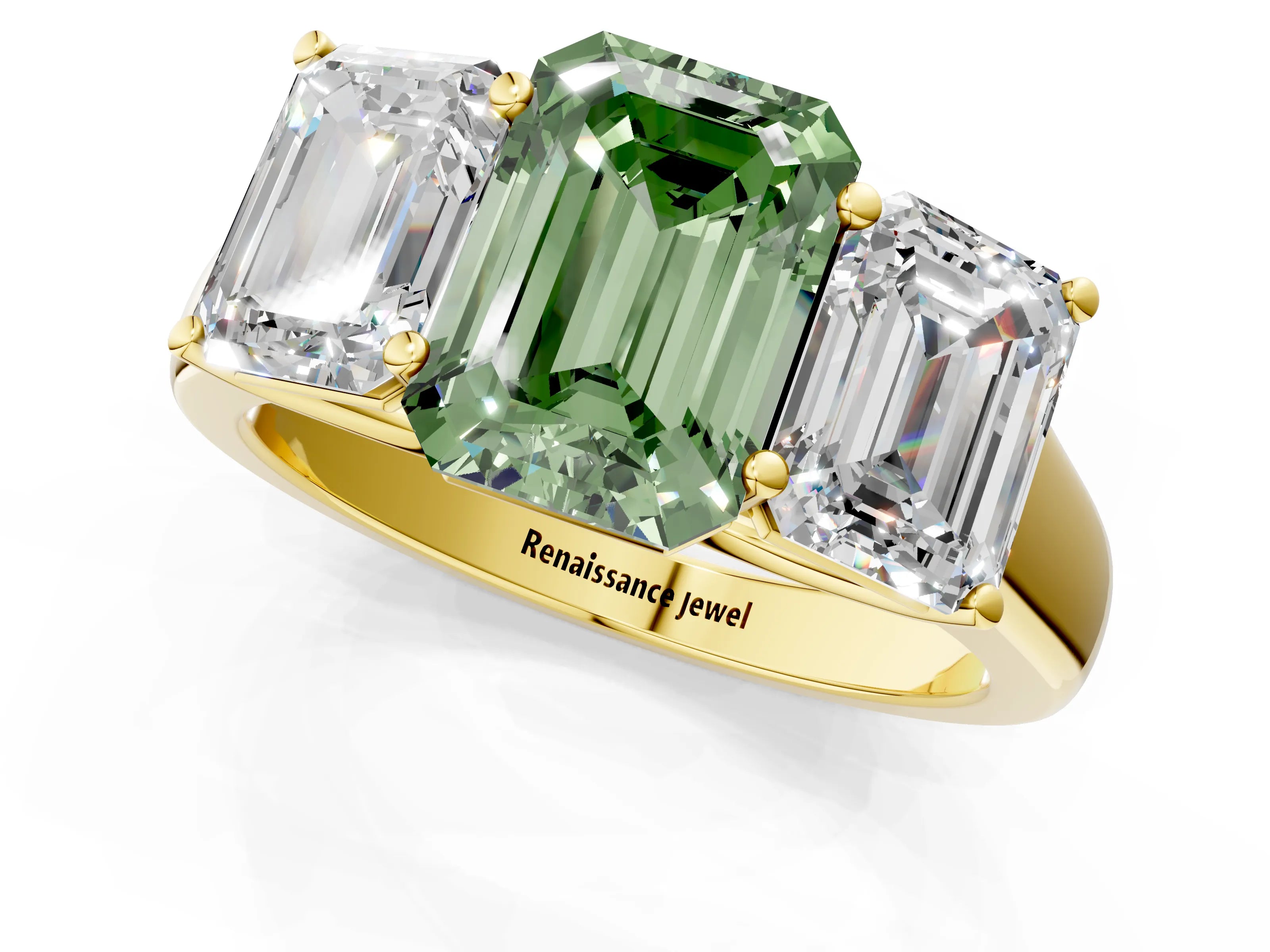 Yellow gold Fancy Green Emerald Cut Three-Stone Diamond Ring with Prong Setting on a Classic Band_1