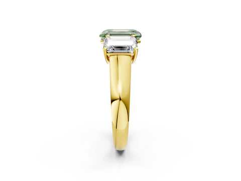 Yellow gold Fancy Green Emerald Cut Three-Stone Diamond Ring with Prong Setting on a Classic Band_2
