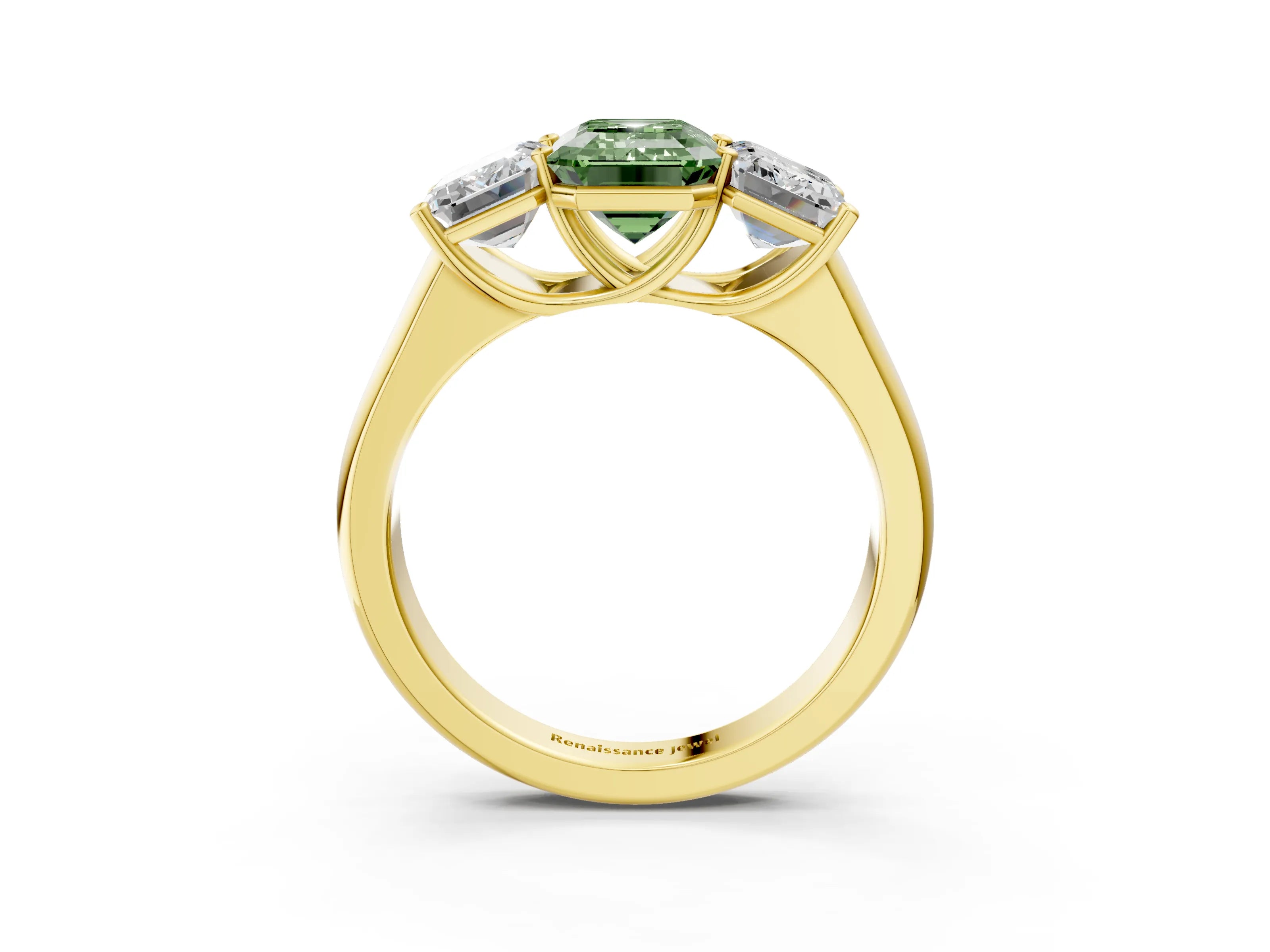 Yellow gold Fancy Green Emerald Cut Three-Stone Diamond Ring with Prong Setting on a Classic Band_3