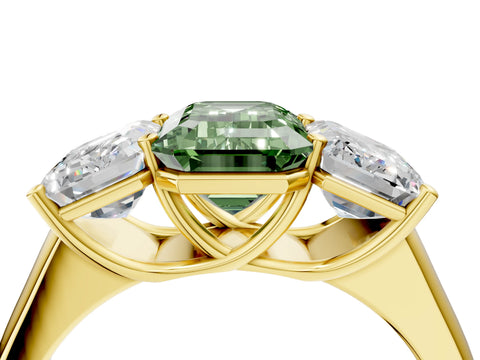 Yellow gold Fancy Green Emerald Cut Three-Stone Diamond Ring with Prong Setting on a Classic Band_4