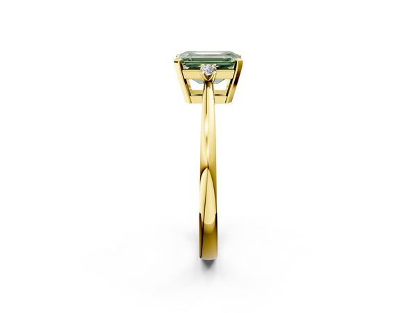 Yellow gold Fancy Green Emerald  Cut Three-Stone Solitaire Ring with Round Accent Diamonds and Four-Prong Setting