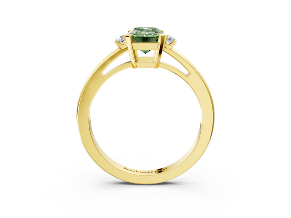 Yellow gold Fancy Green Emerald  Cut Three-Stone Solitaire Ring with Round Accent Diamonds and Four-Prong Setting