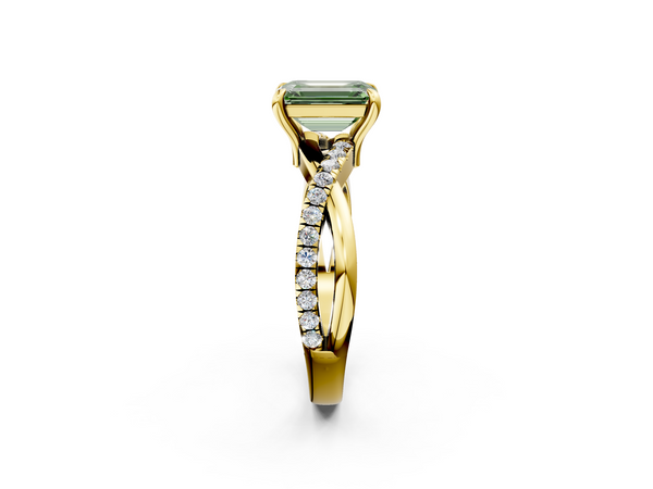 Yellow gold Fancy Green Emerald  Cut Twist Band Solitaire Diamond Ring with Pavé Setting