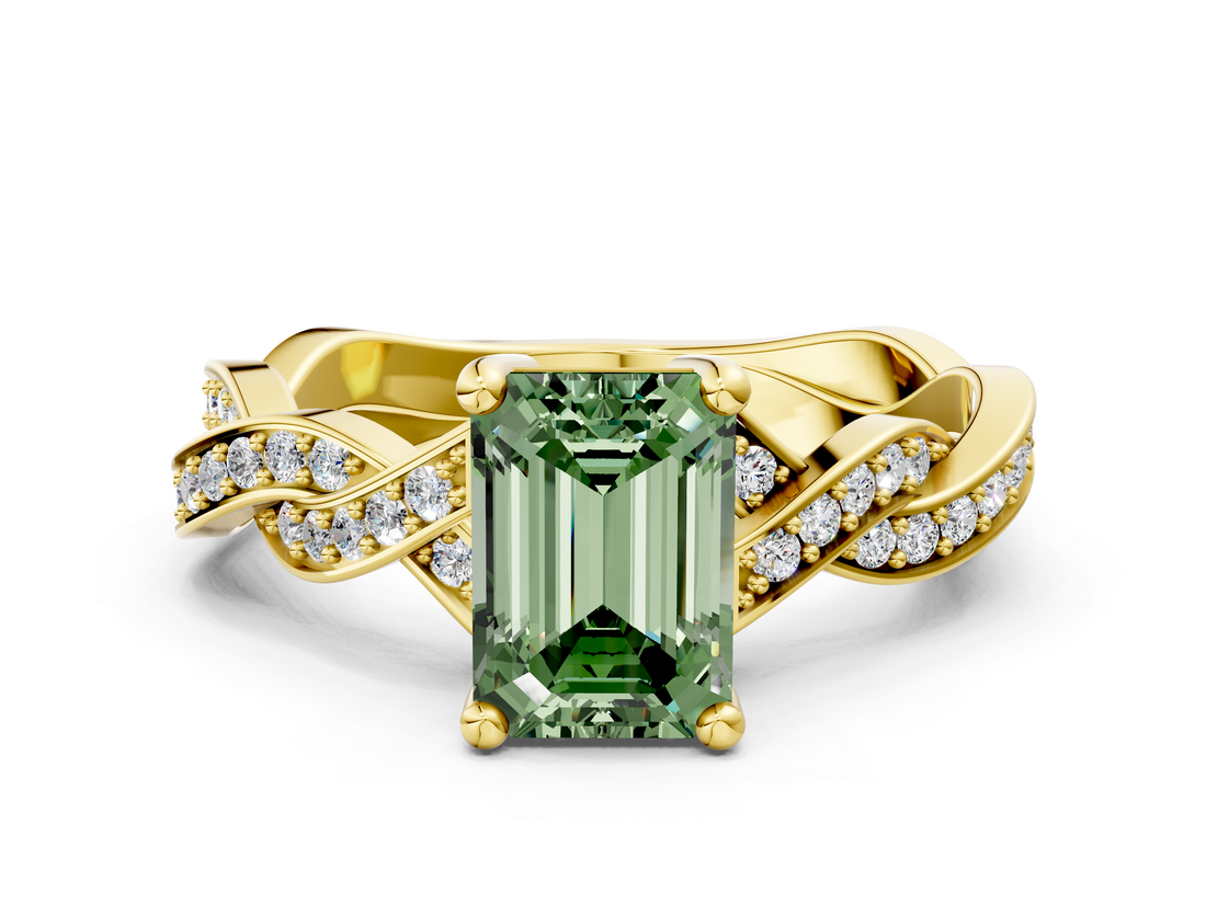 Yellow gold Fancy Green Emerald  Cut Twisted Pavé Band Solitaire Ring with Four-Prong Setting_55