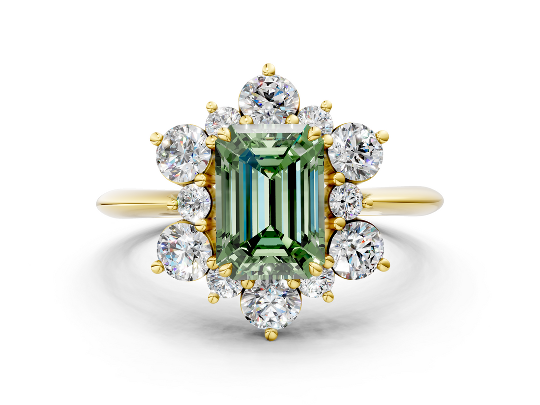 Yellow gold Fancy Green Emerald  Diamond Cluster Halo Ring with Solitaire Band and Four-Prong Setting_20