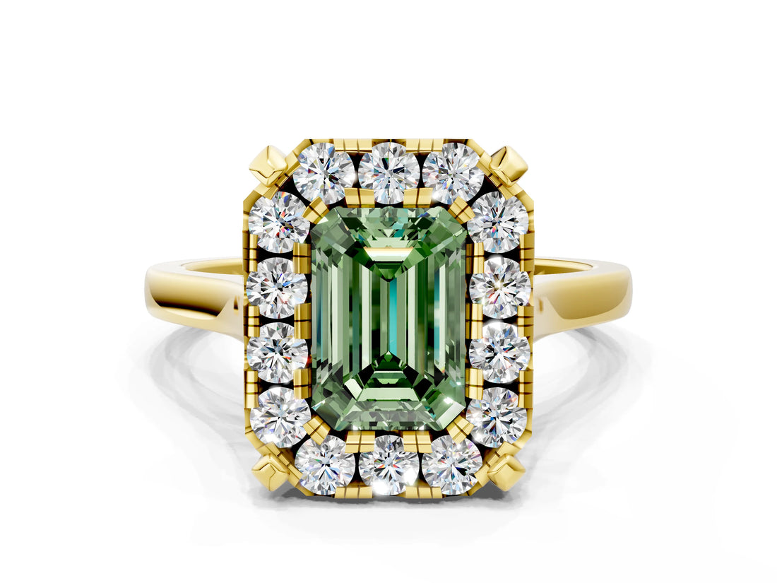 Yellow gold Fancy Green Emerald  Diamond Cluster Halo Solitaire with Four-Prong Setting_93