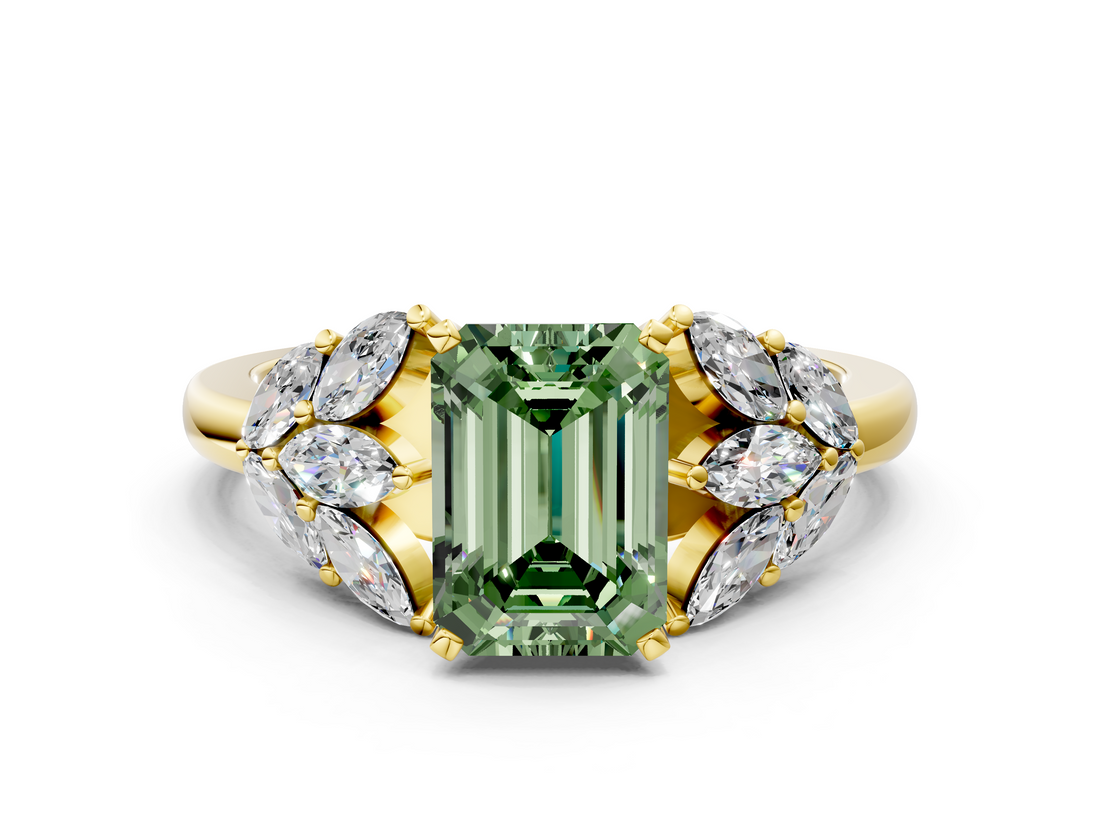 Yellow gold Fancy Green Emerald  Diamond Cluster Leaf Design Ring with Prong Setting_68