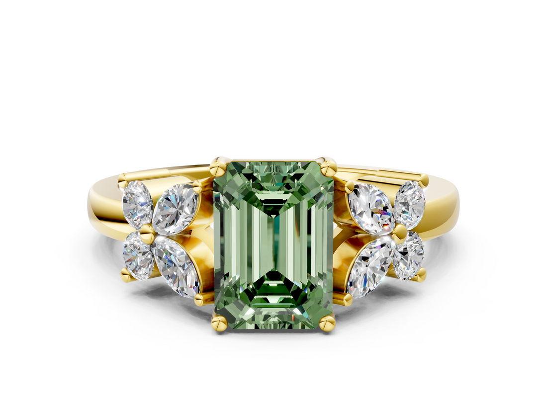 Yellow gold Fancy Green Emerald  Diamond Floral Cluster Ring with Solitaire Band and Prong Setting_48