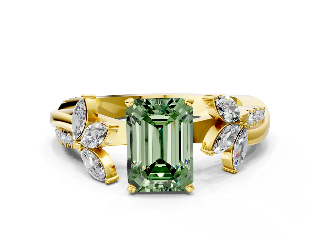 Yellow gold Fancy Green Emerald  Diamond Floral Vine Solitaire Engagement Ring_3
