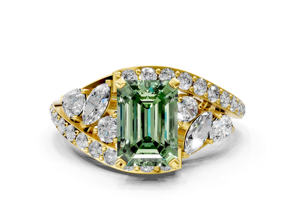 Yellow gold Fancy Green Emerald  Diamond Halo Ring with Marquise and Pavé Band in Prong Setting