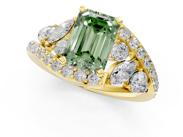 Yellow gold Fancy Green Emerald  Diamond Halo Ring with Marquise and Pavé Band in Prong Setting