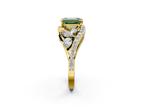 Yellow gold Fancy Green Emerald  Diamond Halo Ring with Marquise and Pavé Band in Prong Setting