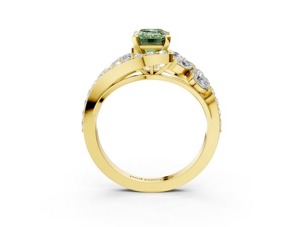 Yellow gold Fancy Green Emerald  Diamond Halo Ring with Marquise and Pavé Band in Prong Setting