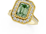 Yellow gold Fancy Green Emerald  Diamond Halo Ring with Milgrain Frame and Pavé Band 1