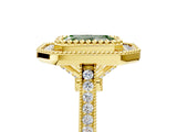 Yellow gold Fancy Green Emerald  Diamond Halo Ring with Milgrain Frame and Pavé Band 5