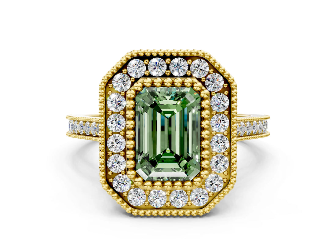 Yellow gold Fancy Green Emerald  Diamond Halo Ring with Milgrain Frame and Pavé Band