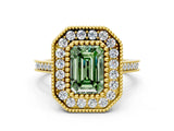 Yellow gold Fancy Green Emerald  Diamond Halo Ring with Milgrain Frame and Pavé Band