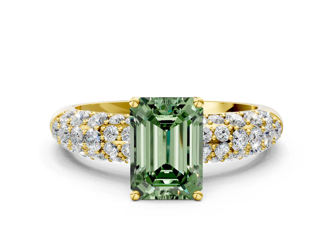 Yellow gold Fancy Green Emerald  Diamond Pavé Band Solitaire Ring with Four-Prong Setting_49