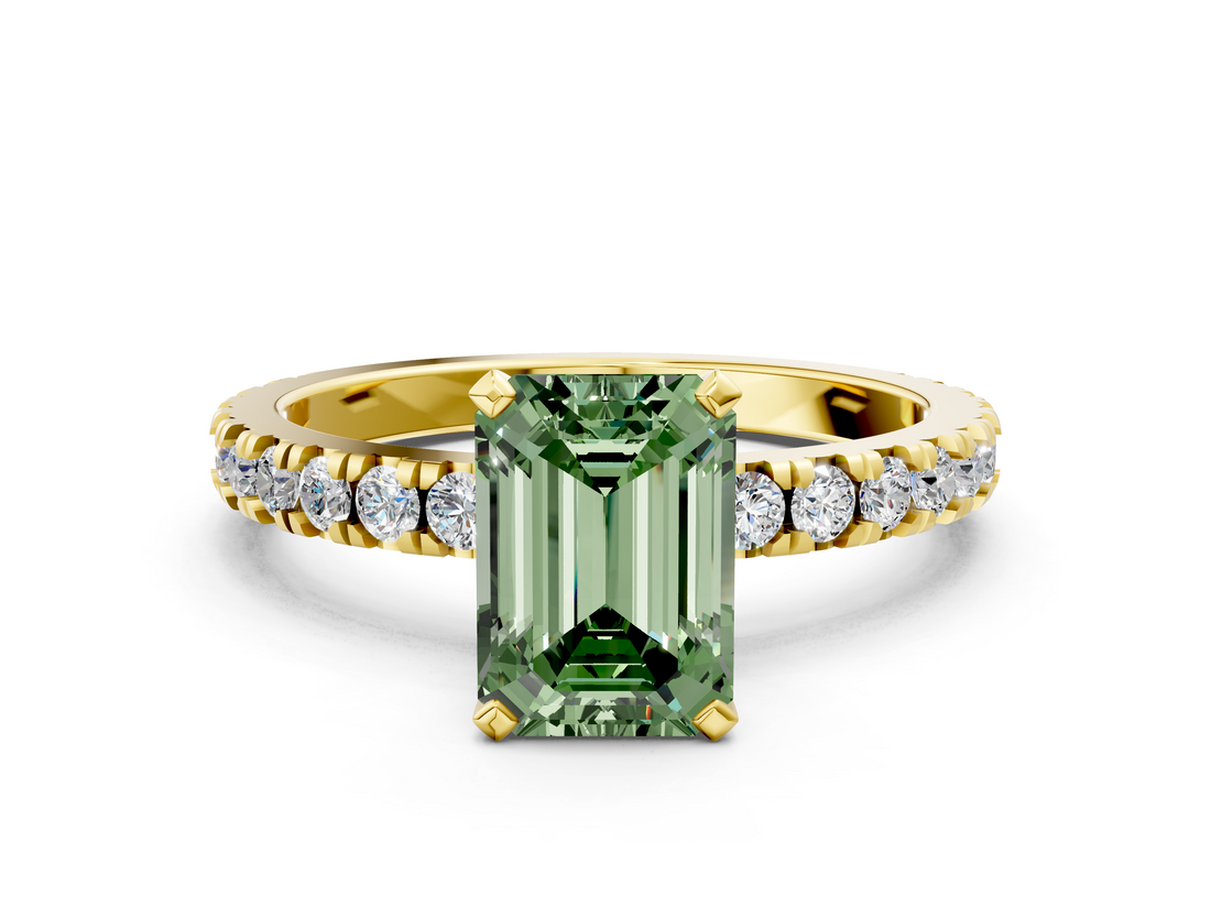 Yellow gold Fancy Green Emerald  Diamond Pavé Band Solitaire with Four-Prong Setting_179