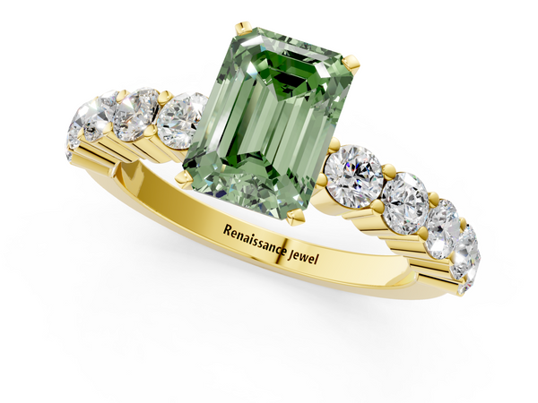 Yellow gold Fancy Green Emerald  Diamond Solitaire Ring with Shared Prong Round Side Stones