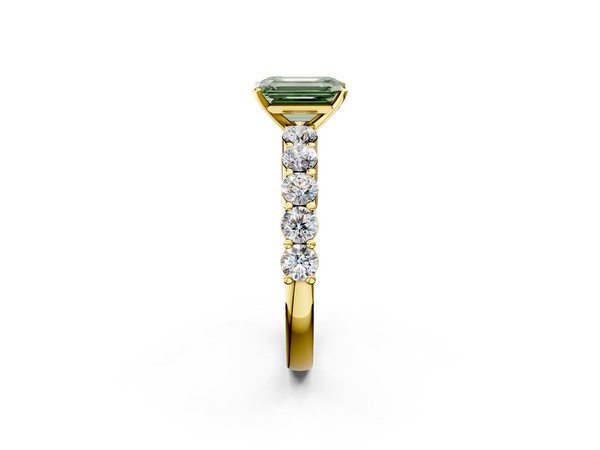 Yellow gold Fancy Green Emerald  Diamond Solitaire Ring with Shared Prong Round Side Stones
