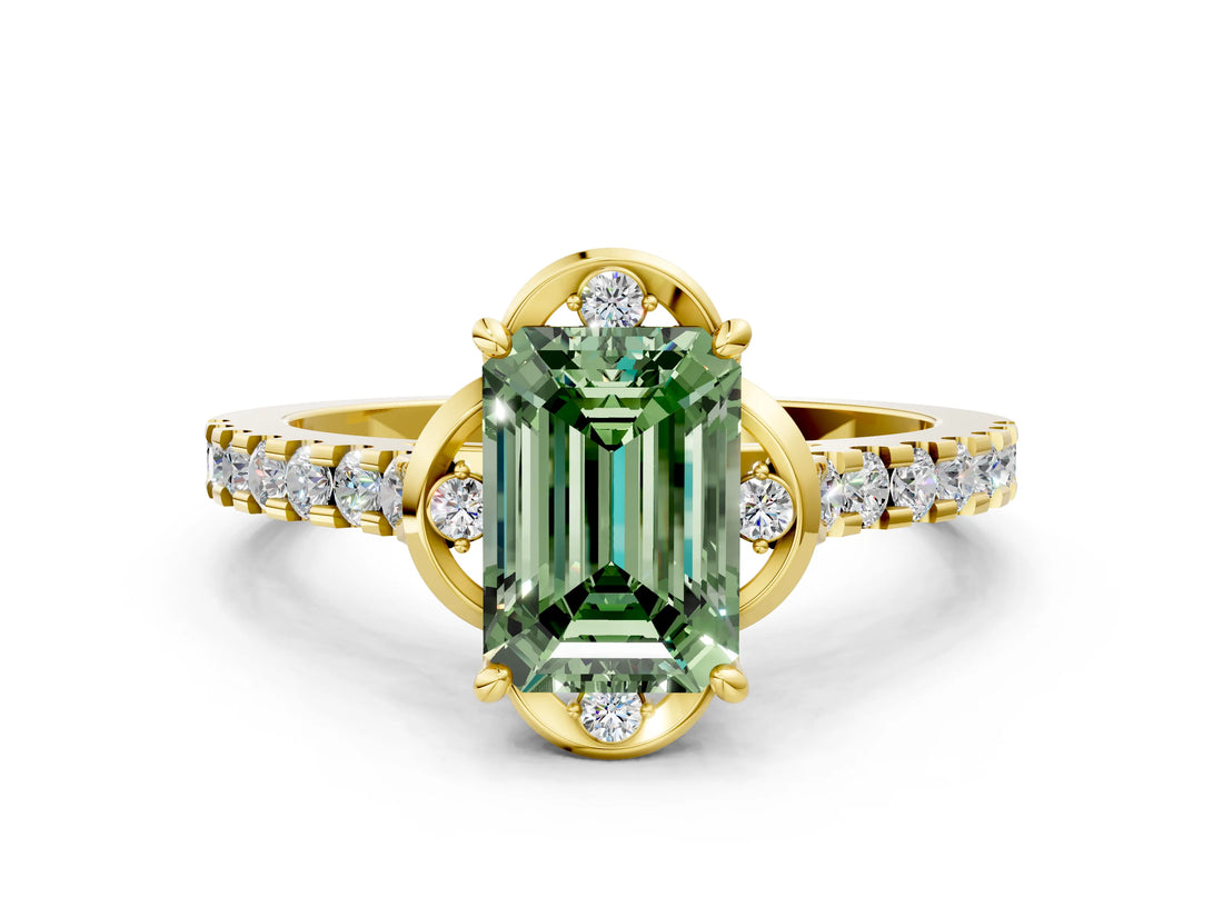 Yellow gold Fancy Green Emerald  Diamond Pave Band with Floral Prong Setting_27