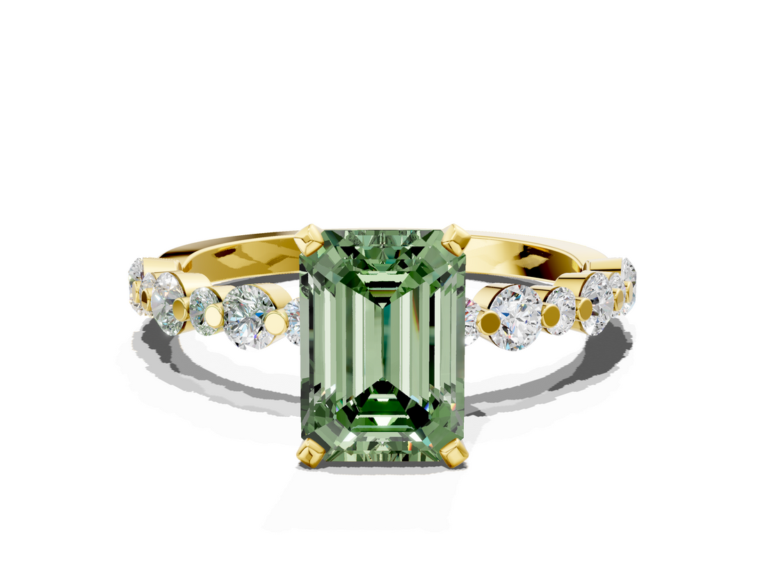 Yellow gold Fancy Green Emerald  Diamond Prong Set Engagement Ring with Pave Band_204