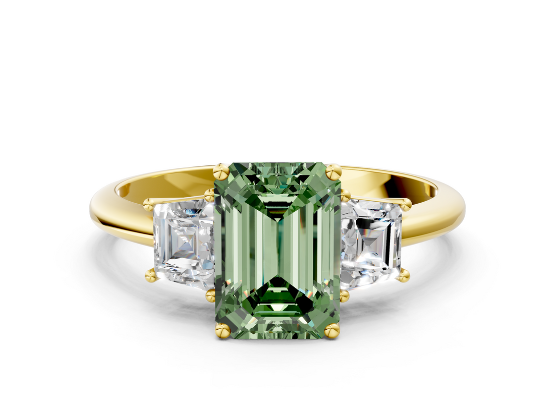 Yellow gold Fancy Green Emerald  Diamond Three-Stone Ring with Trapezoid Side Stones and Prong Setting_17