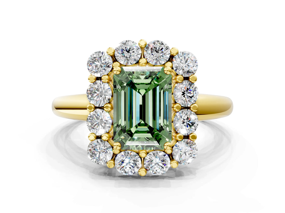 Yellow gold Fancy Green Emerald  Halo Cluster Diamond Engagement Ring with Prong Setting and Polished Band_39