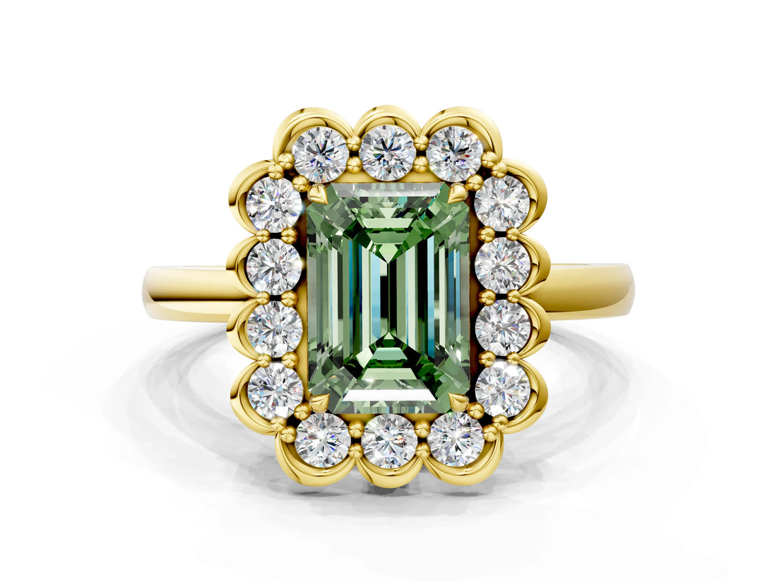 Yellow gold Fancy Green Emerald  Halo Cluster Diamond Engagement Ring with Solitaire Band and Prong Setting_49