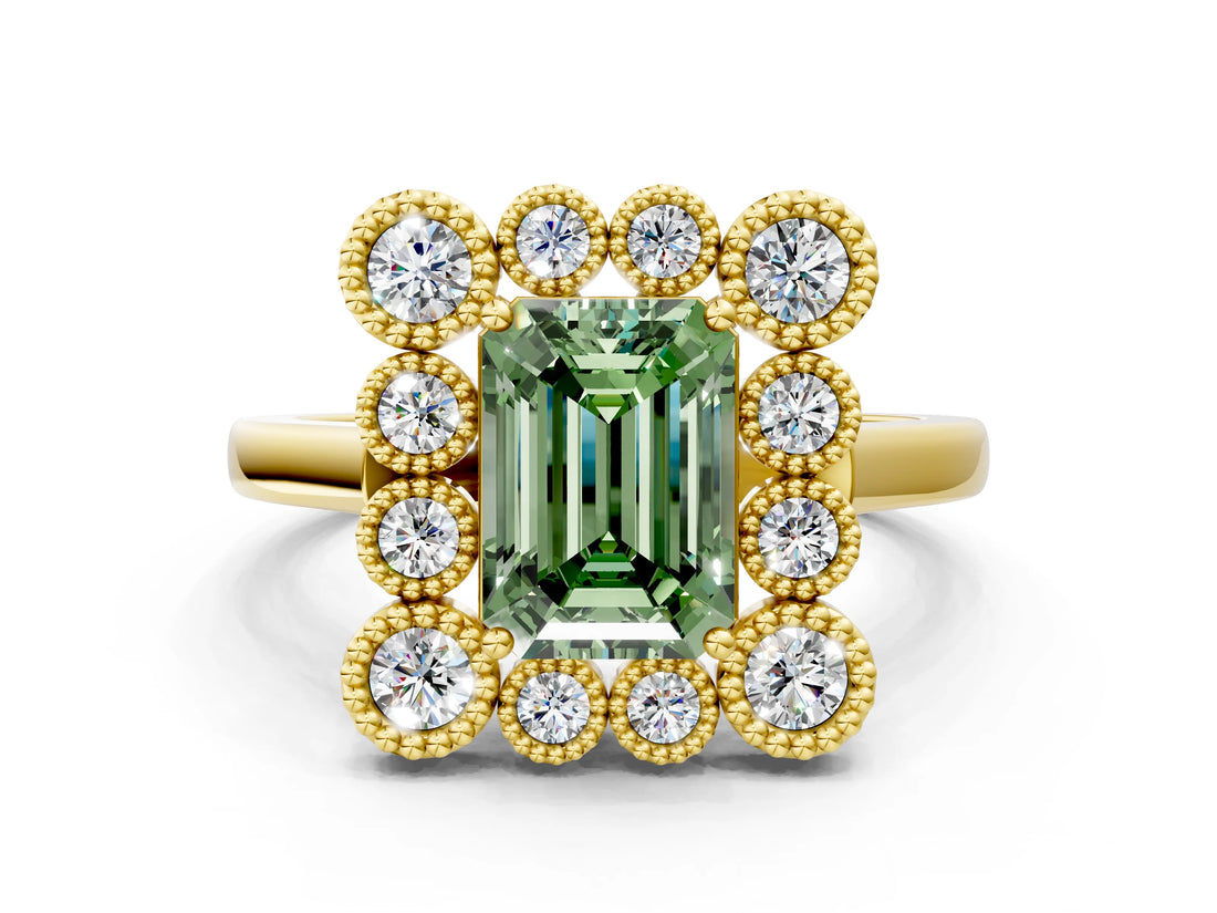 Yellow gold Fancy Green Emerald  Halo Diamond Cluster Engagement Ring with Milgrain Bezel Setting and Solitaire Band_27