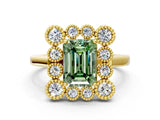 Yellow gold Fancy Green Emerald  Halo Diamond Cluster Engagement Ring with Milgrain Bezel Setting and Solitaire Band_27