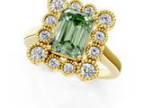 Yellow gold Fancy Green Emerald  Halo Diamond Cluster Engagement Ring with Milgrain Bezel Setting and Solitaire Band_28