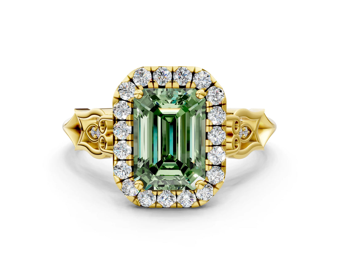 Yellow gold Fancy Green Emerald  Halo Diamond Engagement Ring with Filigree Band and Four-Prong Setting_81