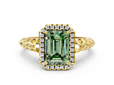 Yellow gold Fancy Green Emerald  Halo Diamond Engagement Ring with Intricate Filigree Band and Four-Prong Setting_37